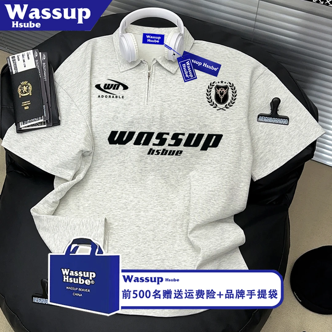WASSUP HSUBE美式字母印花短袖Polo衫领T恤男夏季宽松纯棉上衣ins