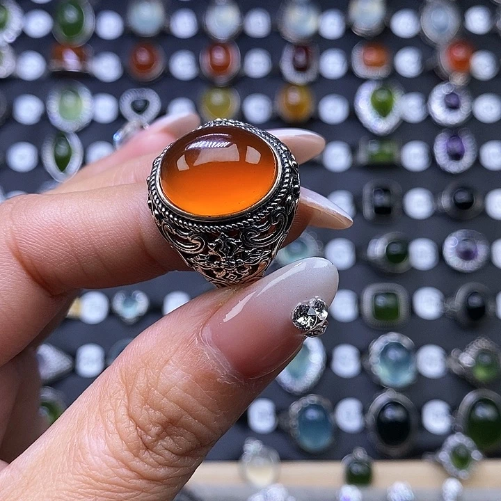 岫玉戒指银S925镶嵌桔*