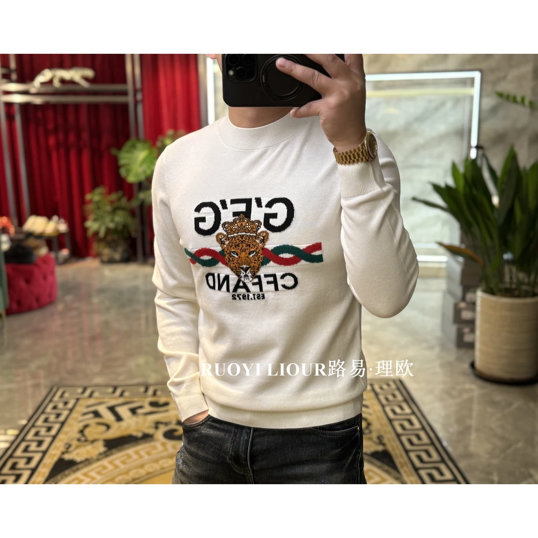 【路易理欧】冬季欧货男士皇冠英文字母老虎休闲针织衫0746