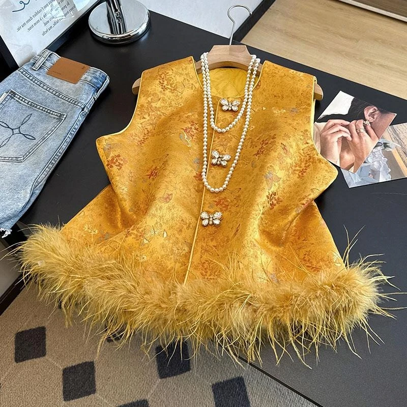国风夹棉毛毛马甲坎肩秋冬女装新中式高端气质黄色马夹背心外套