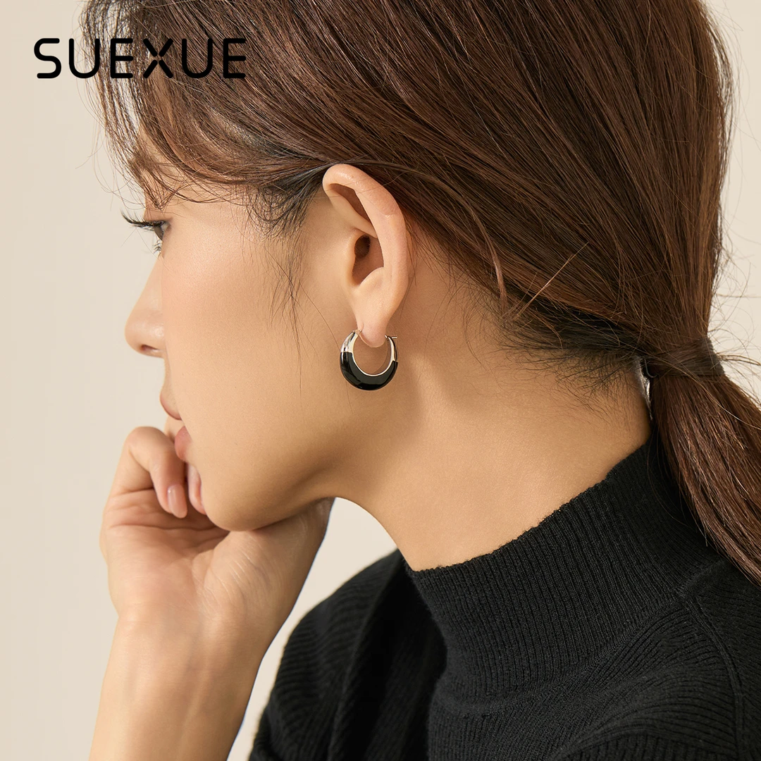 铜合金珐琅耳饰 新中式滴油耳环轻奢冷淡风小众气质黑银色耳圈女