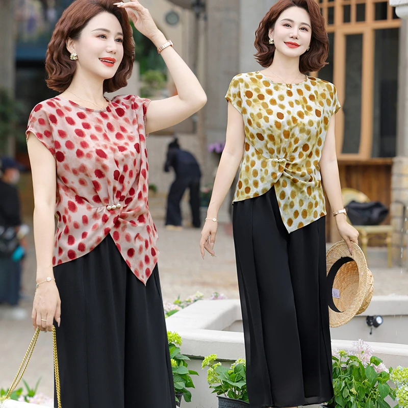 中年妈妈两件套夏装短袖T恤衬衣2025新款中老年女装洋气上衣套装