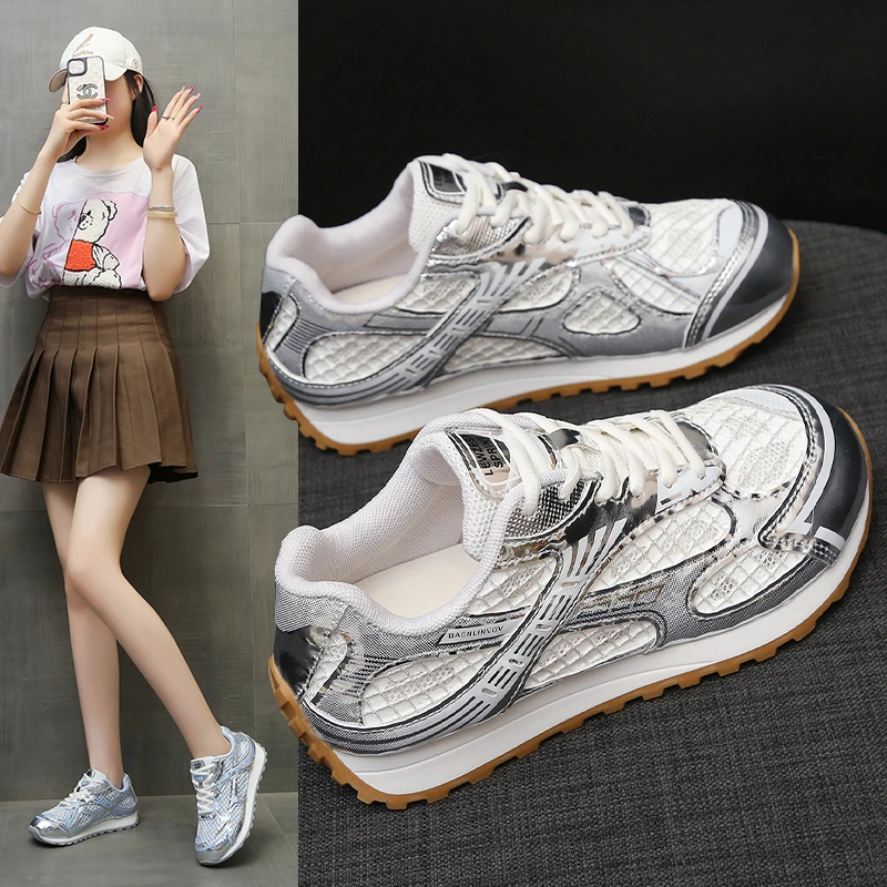 2025夏季爆款德训鞋女漆皮网纱透气新款厚底运动鞋洋气百搭舒适