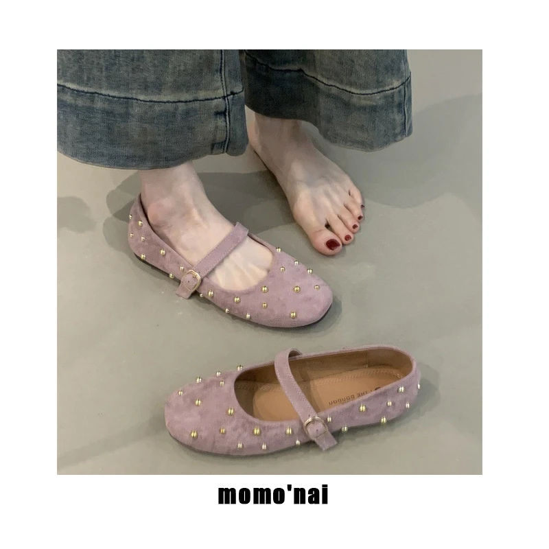 momo'nai 咖色铆钉小众玛丽珍鞋女秋冬新款毛呢圆头芭蕾舞平底复