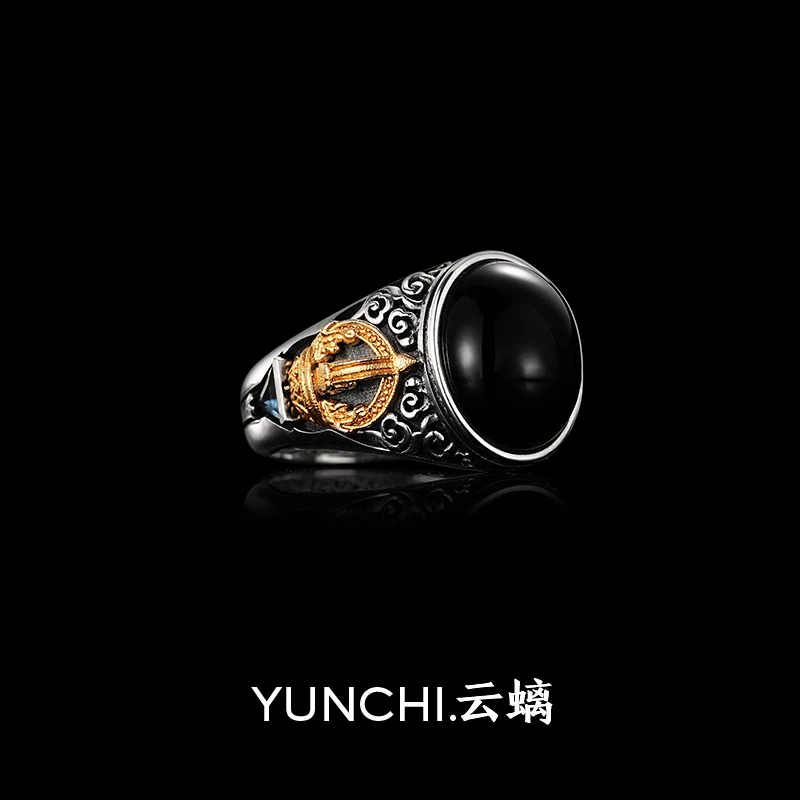 云螭金刚杵黑玛瑙托帕石闭口戒指男藏传文化国风原创