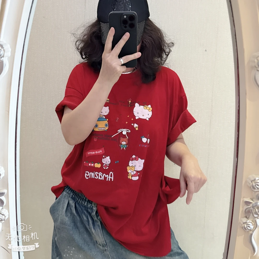 竹节棉卡通印花宽松开叉T恤