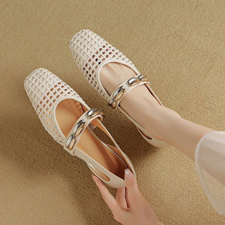法式复古镂空编织低跟一字带女士包头凉鞋气质2025新款玛丽珍单鞋