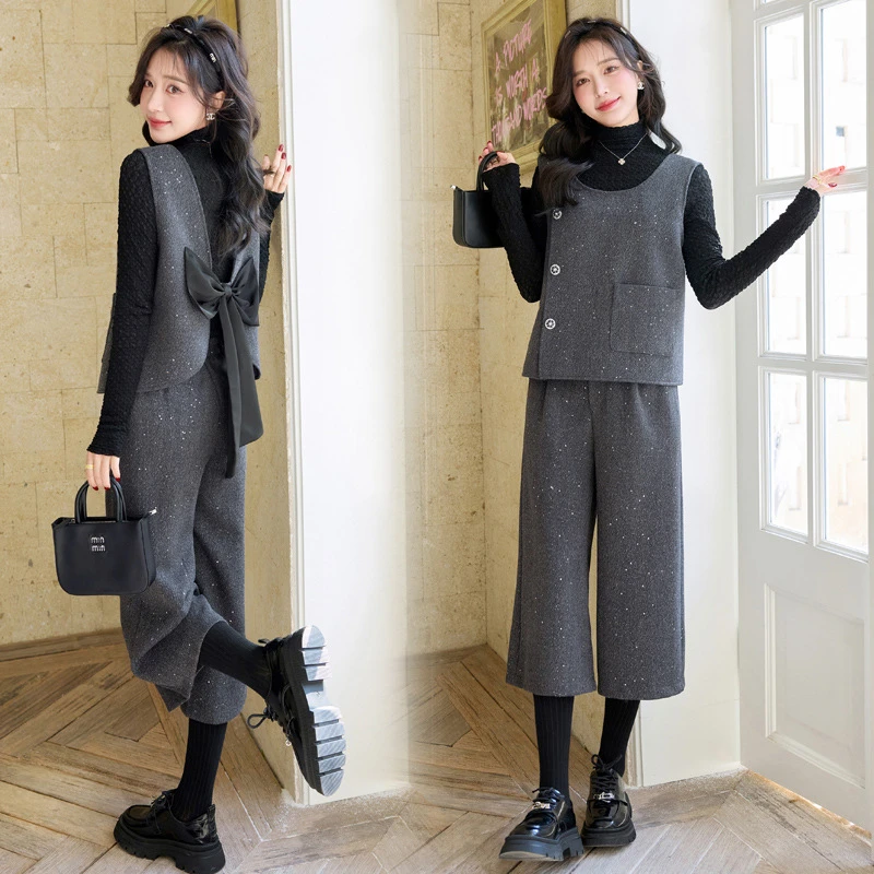 三件套装春秋小香风洋气时尚后背蝴蝶结马甲2025新款休闲毛呢阔腿