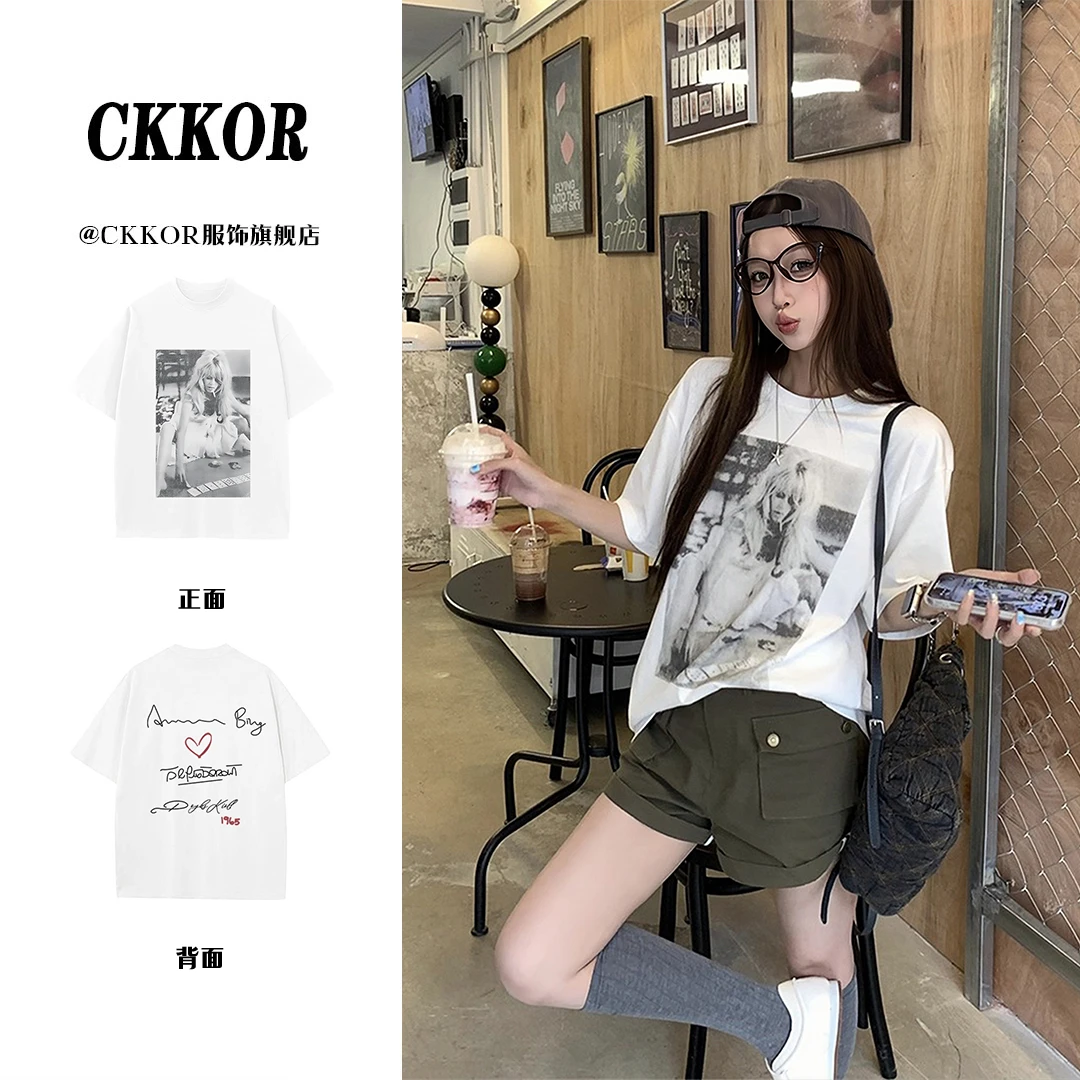 CKKOR高级感炸街t恤女夏季宽松圆领短袖复古高街上衣服小众设计款