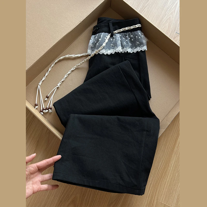 chao级推荐！蕾丝边裙摆拼接裤子女早春小众设计感高腰系带牛仔裤