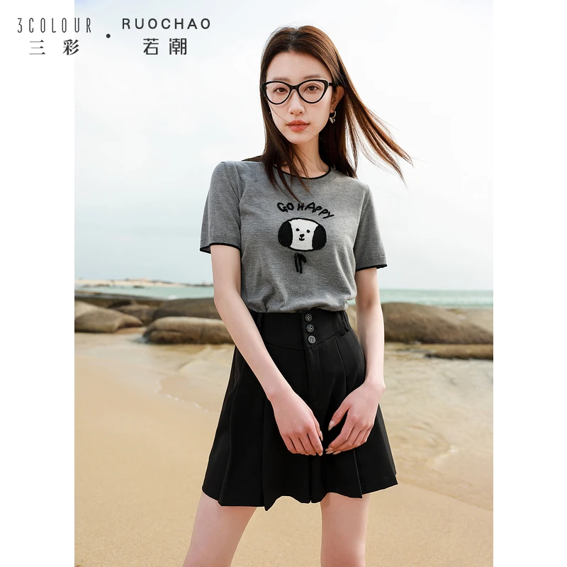 【商城专享】三彩大码女装夏季蝴蝶结小狗圆领针织衫短袖藏肉