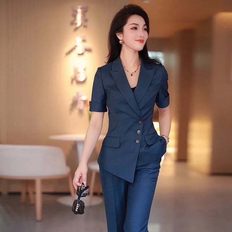 牛仔蓝夏季新款OL职业气质设计高级感轻奢收腰修身女西装裙套装