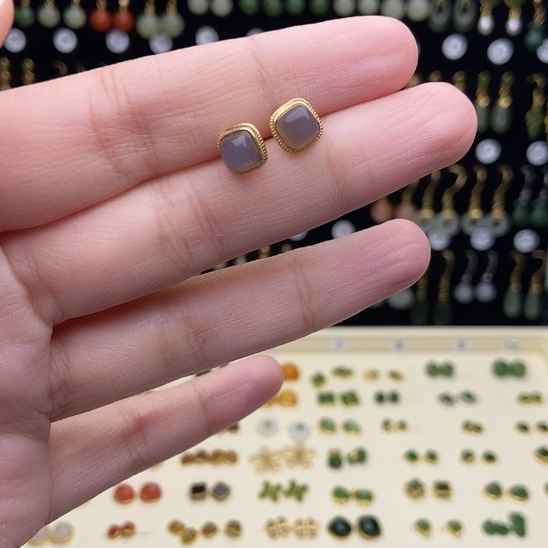 南红玛瑙银S925镀金镶嵌耳饰