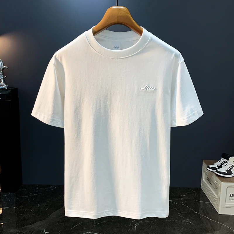 LEIGHZ/雷茨新款刺绣短袖t恤男士夏季白色薄款简约T恤衫柔软休闲