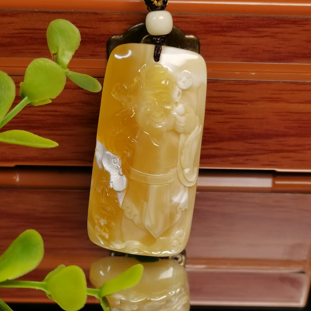 天然琥珀蜜蜡双面雕刻件手把毛衣坠一面弥勒佛一面财神约17.9g
