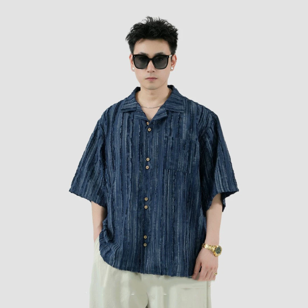 夏季新款肌理感条纹宽松休闲男款夏威夷衬衫薄款短袖衬衫