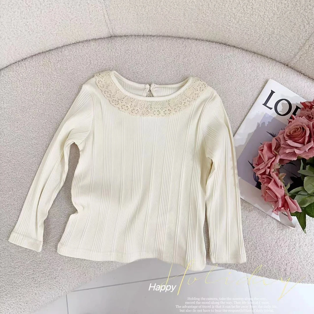 汤圆家童装2025春季新款蕾丝娃娃领百搭纯色T恤 XA-666