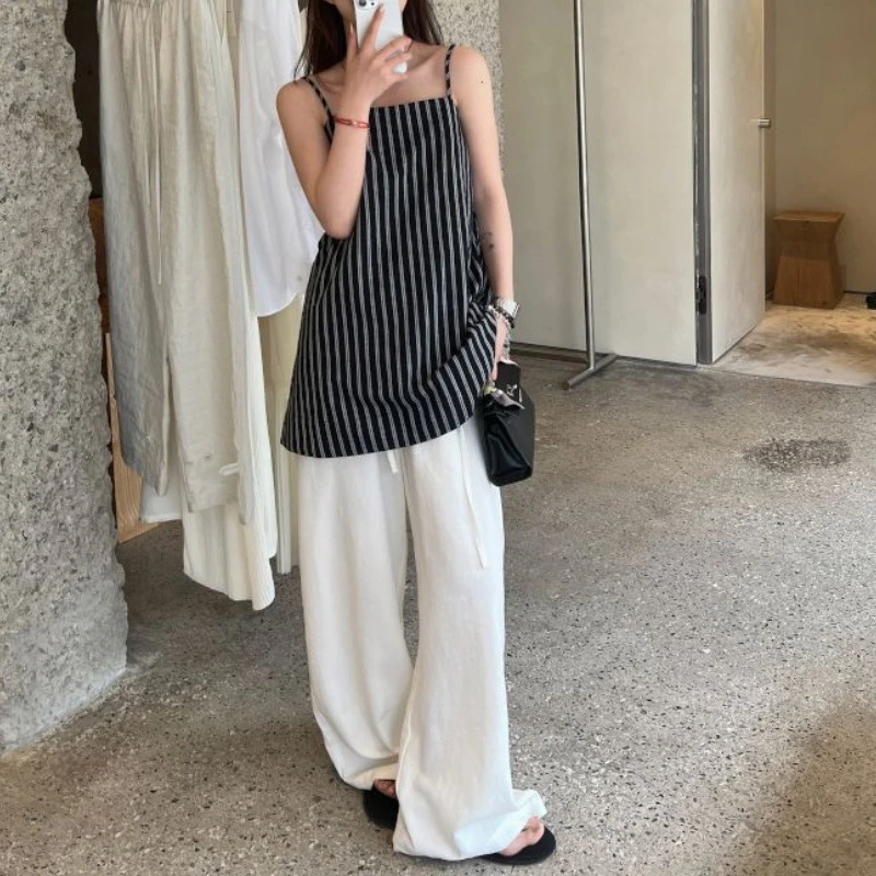 2025年夏季新款韩版时尚时髦极简感竖纹中长款A型洋气吊带背心女S
