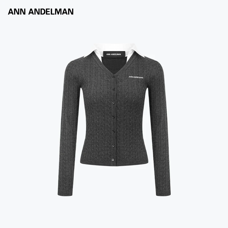 ANN ANDELMAN25春夏女款衬衫领麻花毛织长袖开衫