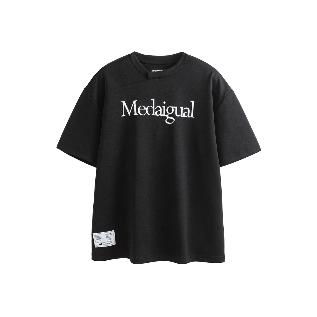 Medaigual 不规则小领口字母印花宽松黑色T恤男街头滑板街舞短袖