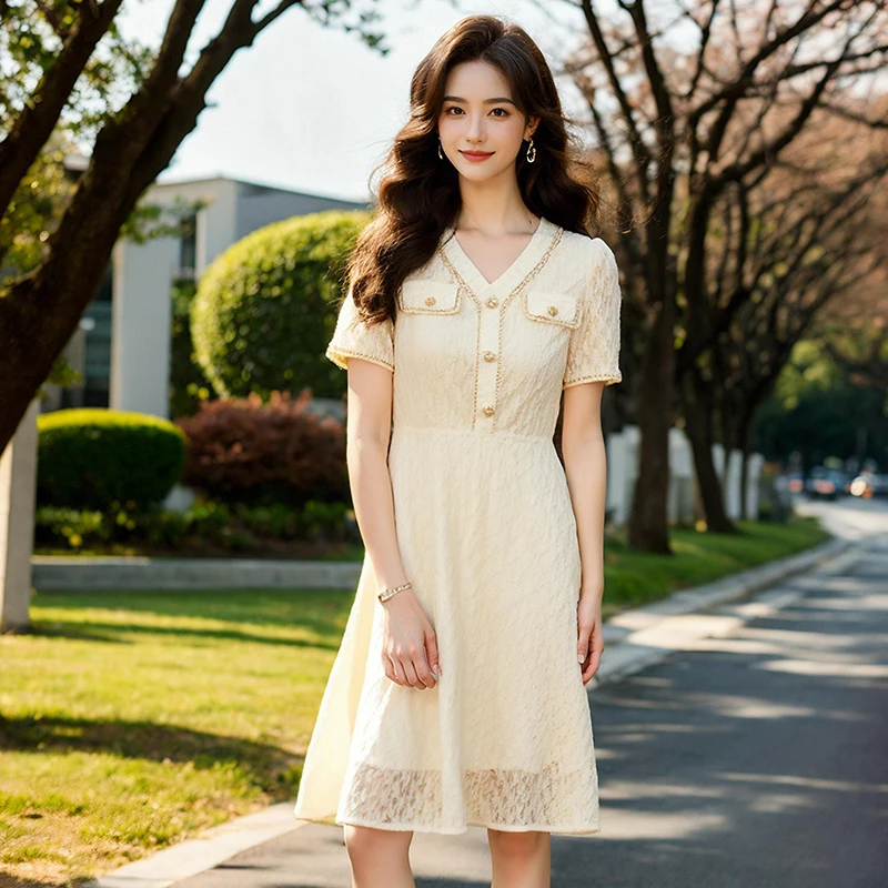 奢姿大码女装2025夏季气质V领连衣裙胖妹妹假口袋装饰时尚裙子