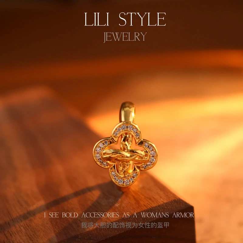 铜合金戒指 【乐野】古法藤蔓四叶花戒指超重工金色精致指环女T184