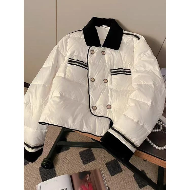 冬季新款小香风棉服外套女超好看短款拼色双排扣面包服大衣潮