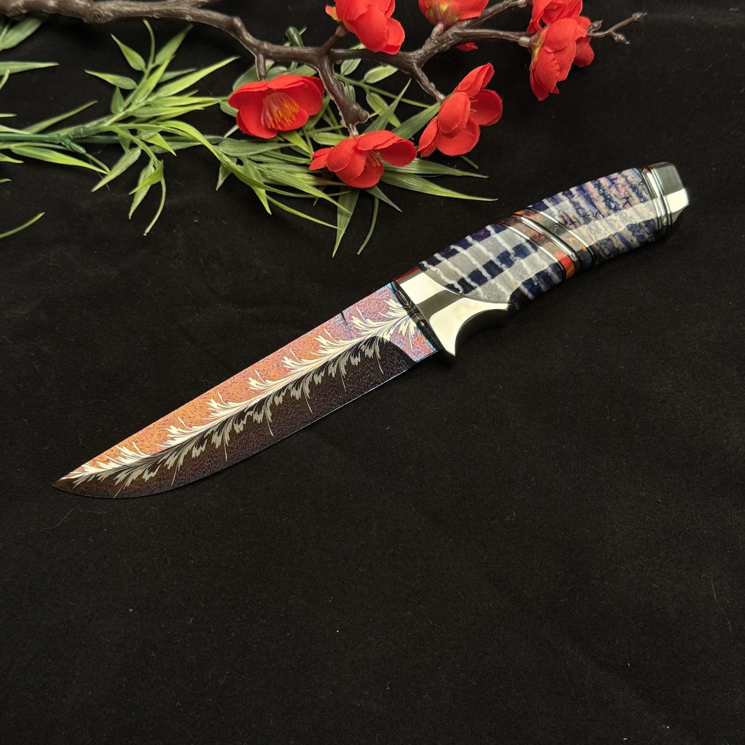 《轻奢刀坊》冰莲 大马士革羽毛纹烤蓝猛犸臼齿手柄实用小刀