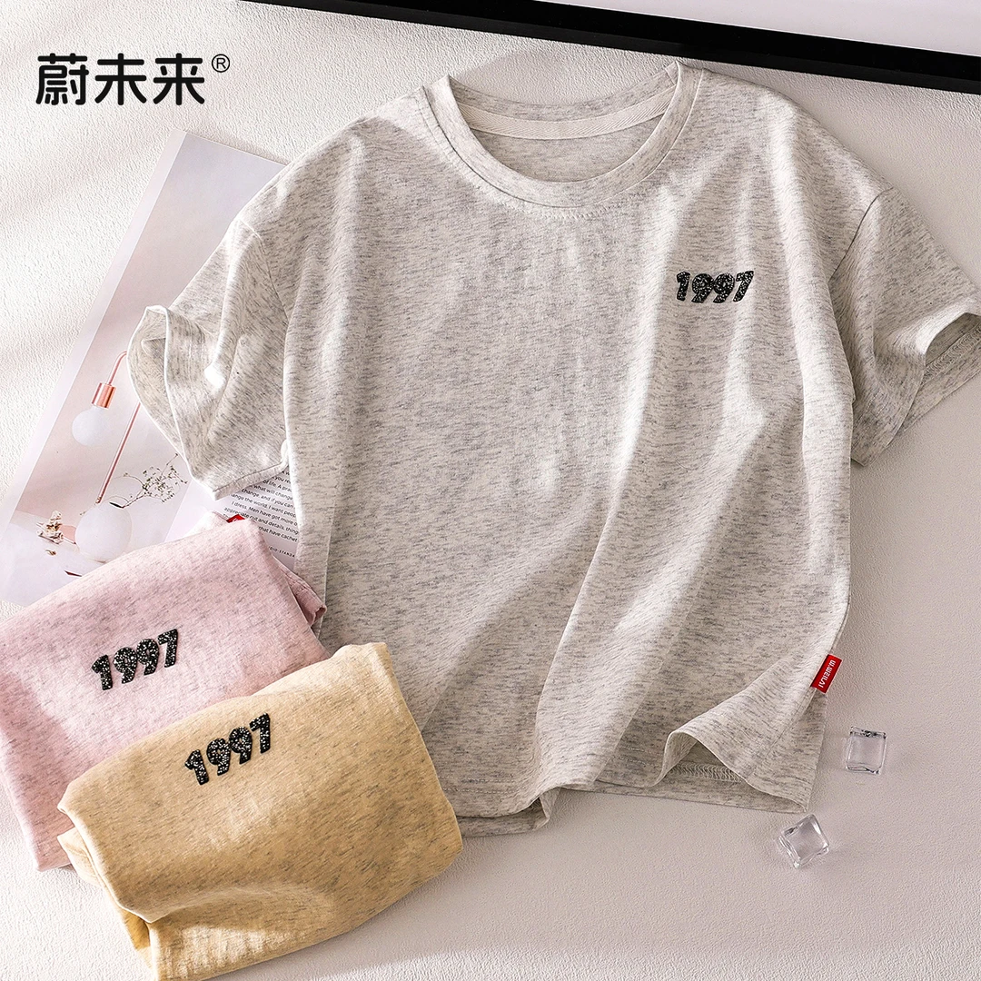 蔚未来女童短袖夏季2025新款儿童洋气圆领上衣女大童时髦烫钻T恤
