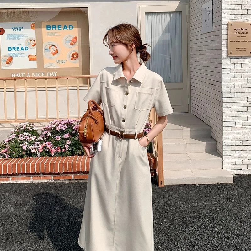 NAHOPULER/纳霍浦勒休闲工装衬衫连衣裙女收腰显瘦气质流行长裙