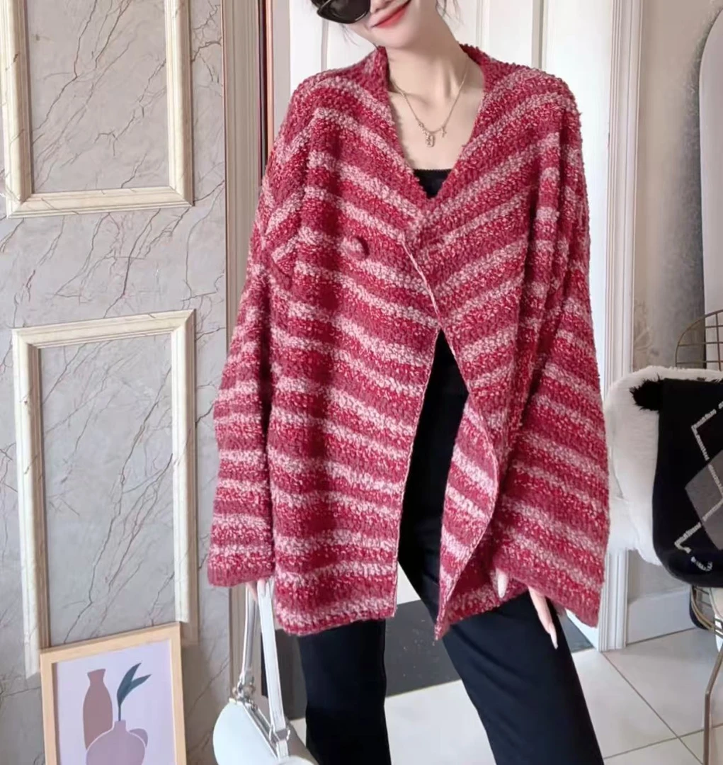 【100山羊绒】轻奢254681-慵懒风时尚拼色花式纱圈圈绒圆领针织外套