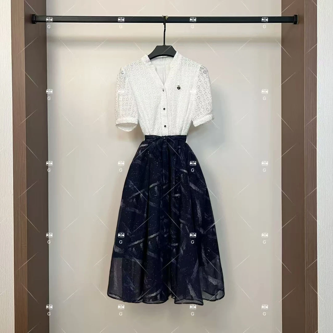 夏季连衣裙法式设计师时尚百搭拼接蕾丝高腰镂空不褪色 GS-57013