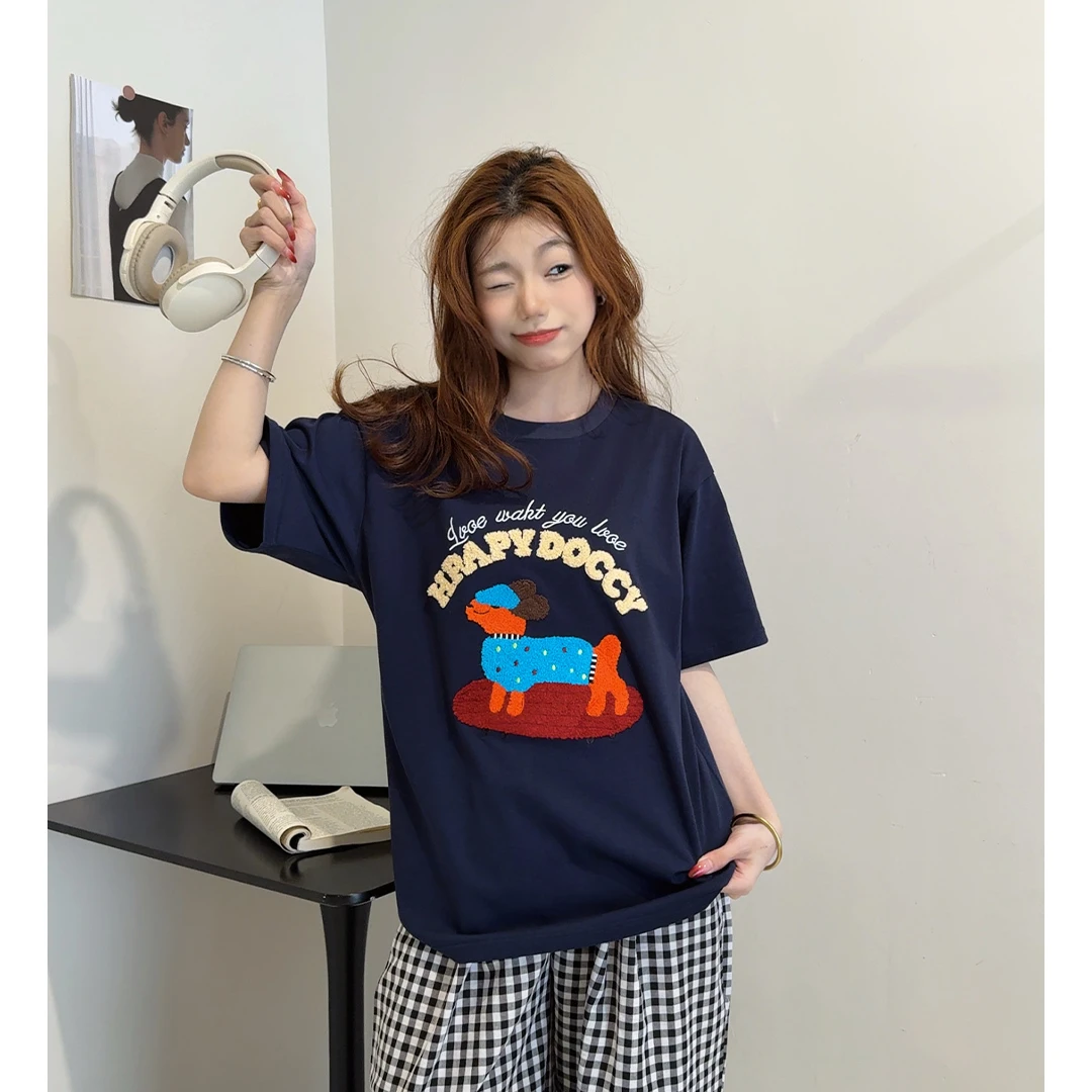 HandSeven重磅抗皱圆领宽松萌宠彩色毛巾绣治愈抗菌T恤