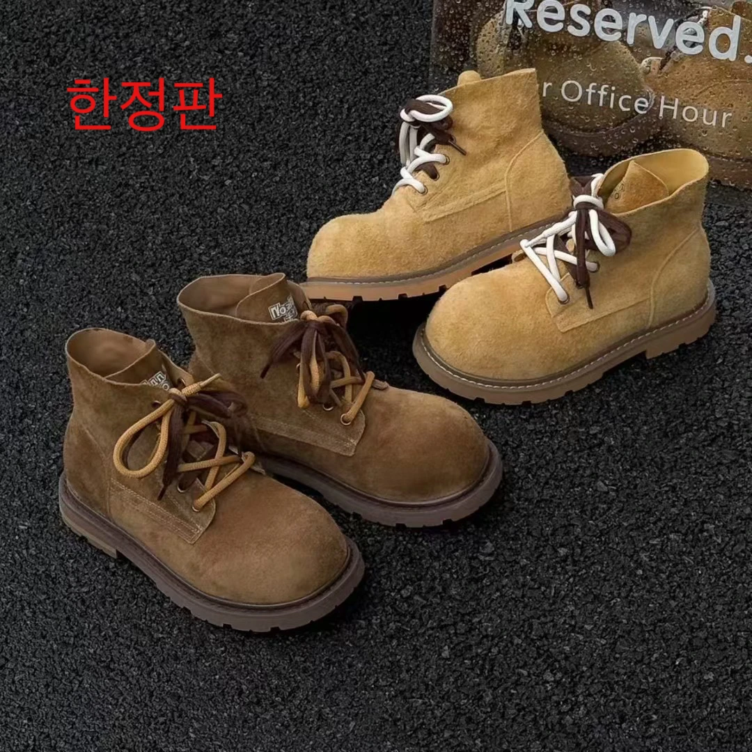 韩国신상품.时髦大圆头撞色双鞋带厚底短筒马丁靴女夏季大黄靴