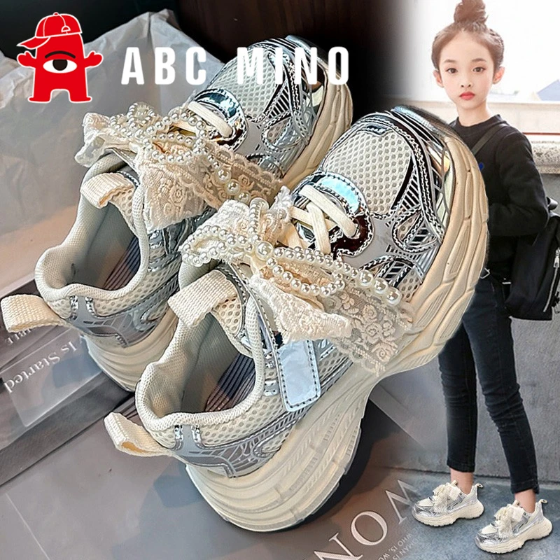 ABC MINO女童鞋2025新款秋季儿童蝴蝶结运动鞋女孩软底公主老爹鞋