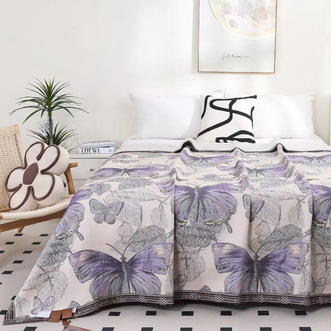 金乳丝轻奢纱布盖毯--紫蝶叶韵230*250