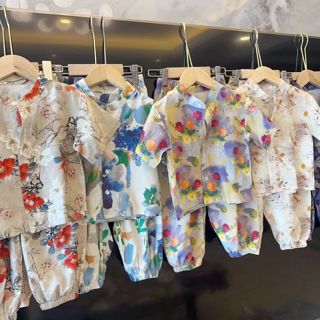 [中性款T]25棉绸国风潮童半袖长裤灯笼裤男童女童家居服外穿套装