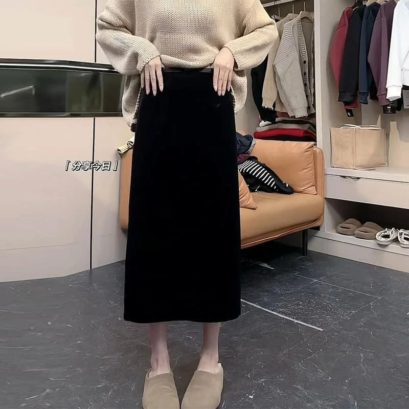 秋冬新款黑色金丝绒大码休闲开叉高腰显瘦百搭弹力松紧舒适半身裙