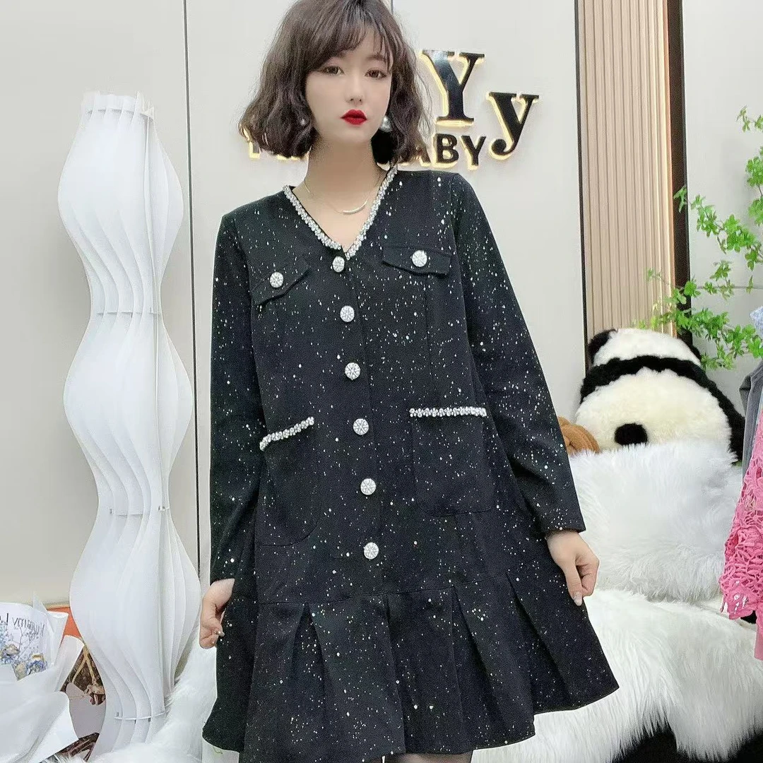 小影家（波澜）时尚洋气V领小香风显瘦连衣裙胖妹妹春装连衣裙