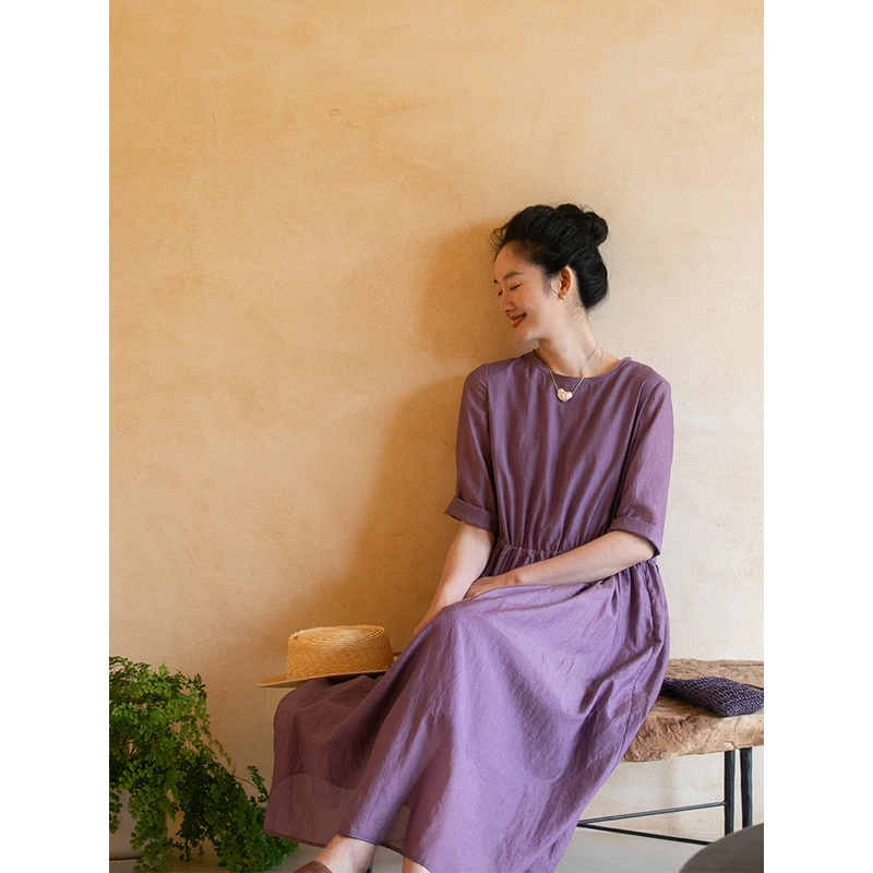 牧衣游原创 丝棉炒色连衣裙女夏季新款显瘦轻薄宽松休闲长裙 悟故