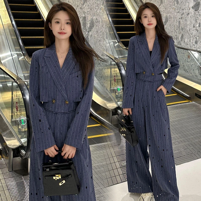 高级感时尚套装女2025春季新款洋气显瘦烫钻短外套阔腿裤两件套潮