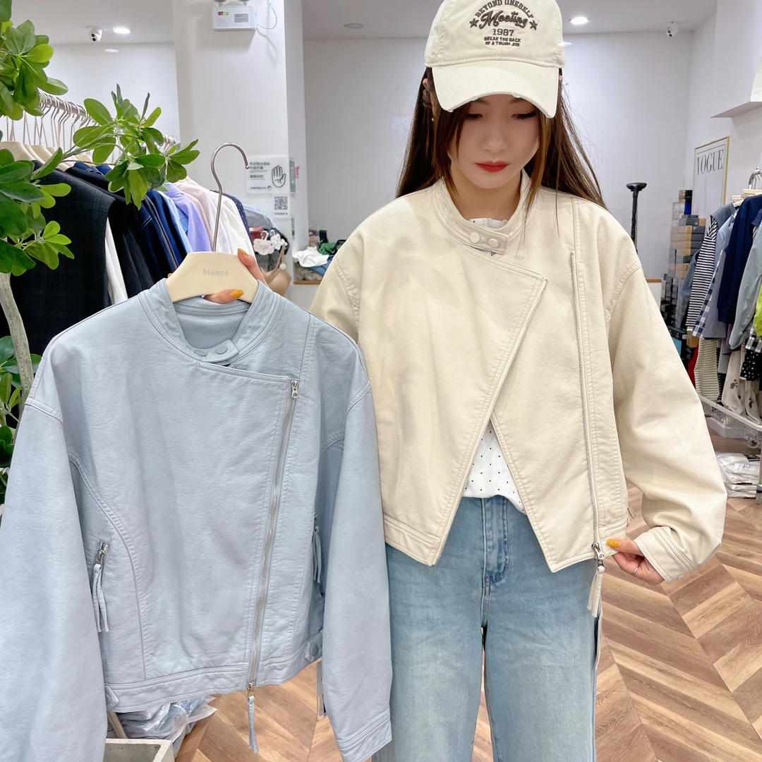 21018 斜拉链短款皮衣