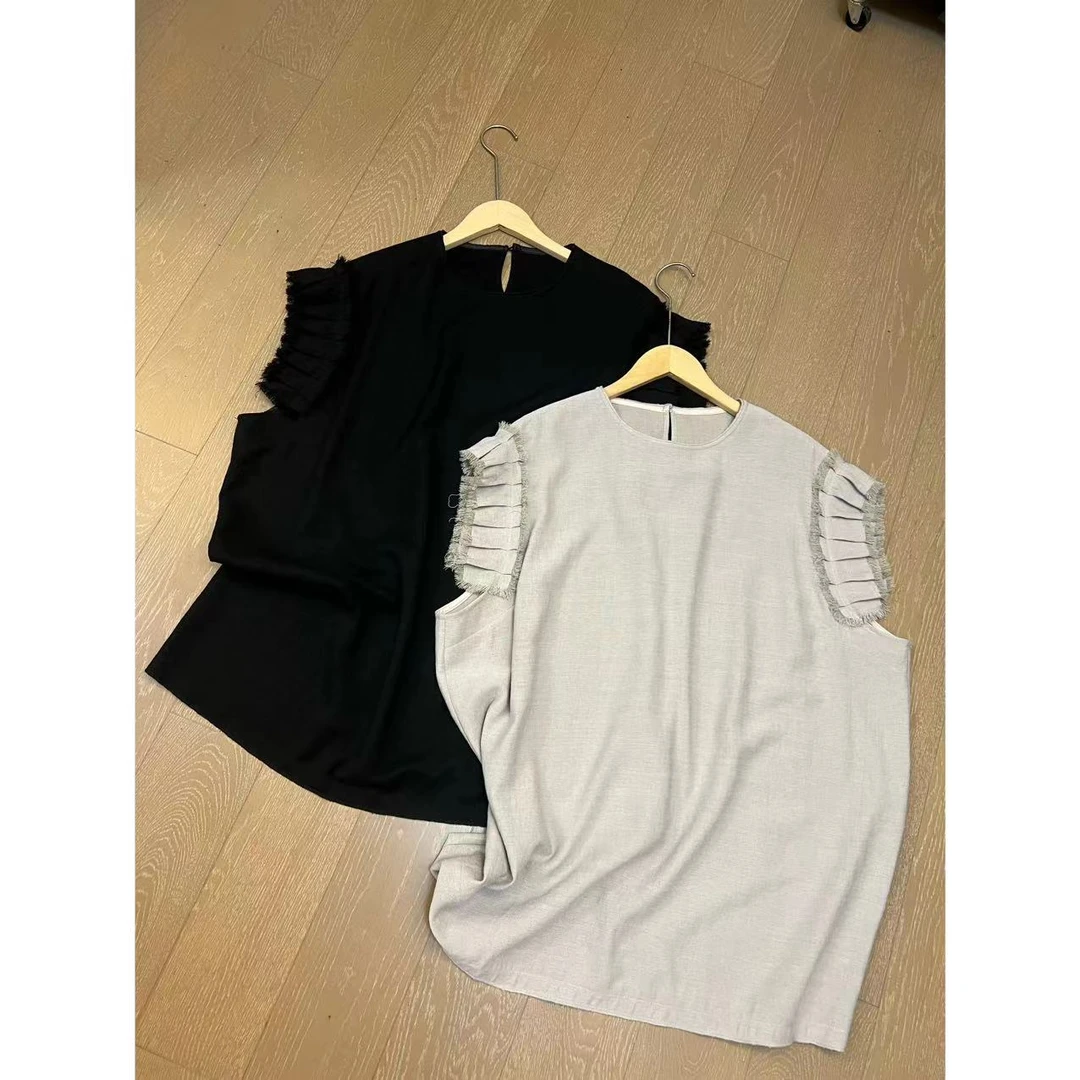 欧尼私服 饺子边捏褶拉毛袖圆领长版上衣2406B2749