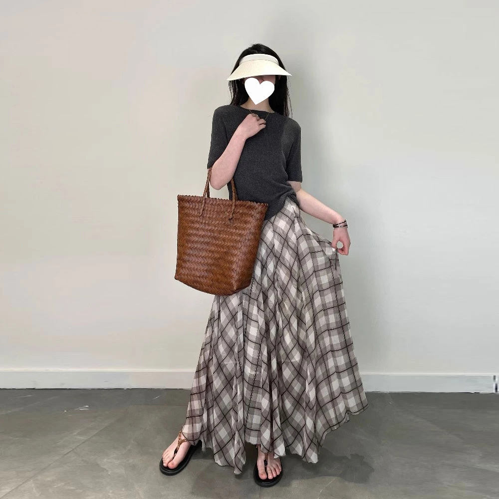 法式复古夏季款不规则格纹轻薄飘逸人丝半身裙女高级垂感浅咖长裙
