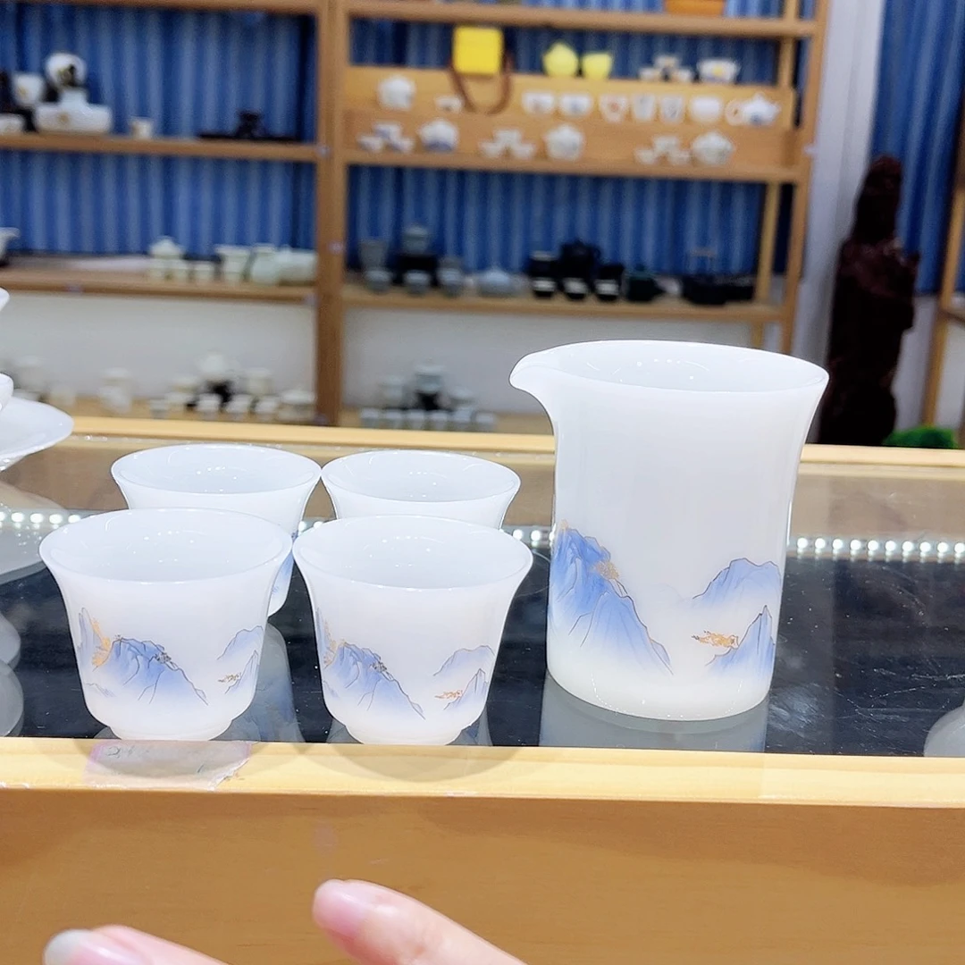 陶瓷冰种璞玉蓝色山水4个客杯➕一个公杯