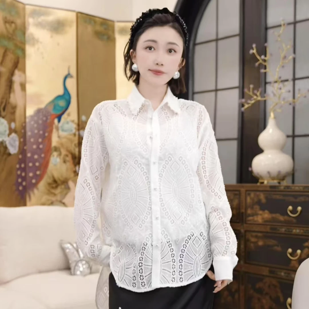 Betty Bairn【织语】新中式蕾丝微透衬衫上衣25B-BW8791