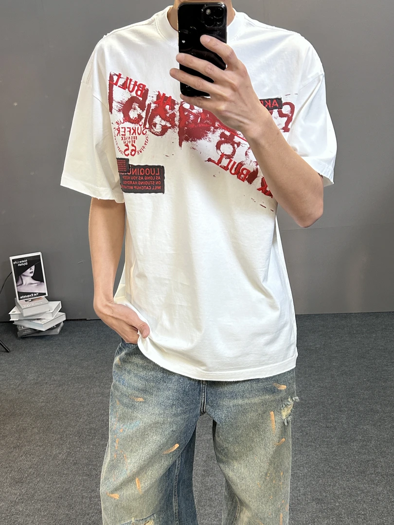 新款潮牌重磅纯棉短袖T恤男夏季美式街潮oversize字母纯棉半截袖