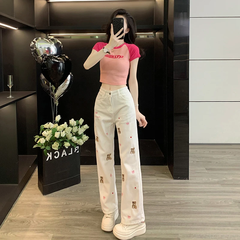 美式正肩短袖t恤女夏辣妹露脐短款针织上衣薄牛仔长裤直筒阔腿裤