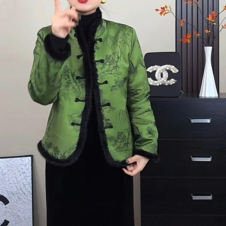 恒源祥彩羊新中式国风提花盘扣棉服2025秋冬新款时尚洋气妈妈装外