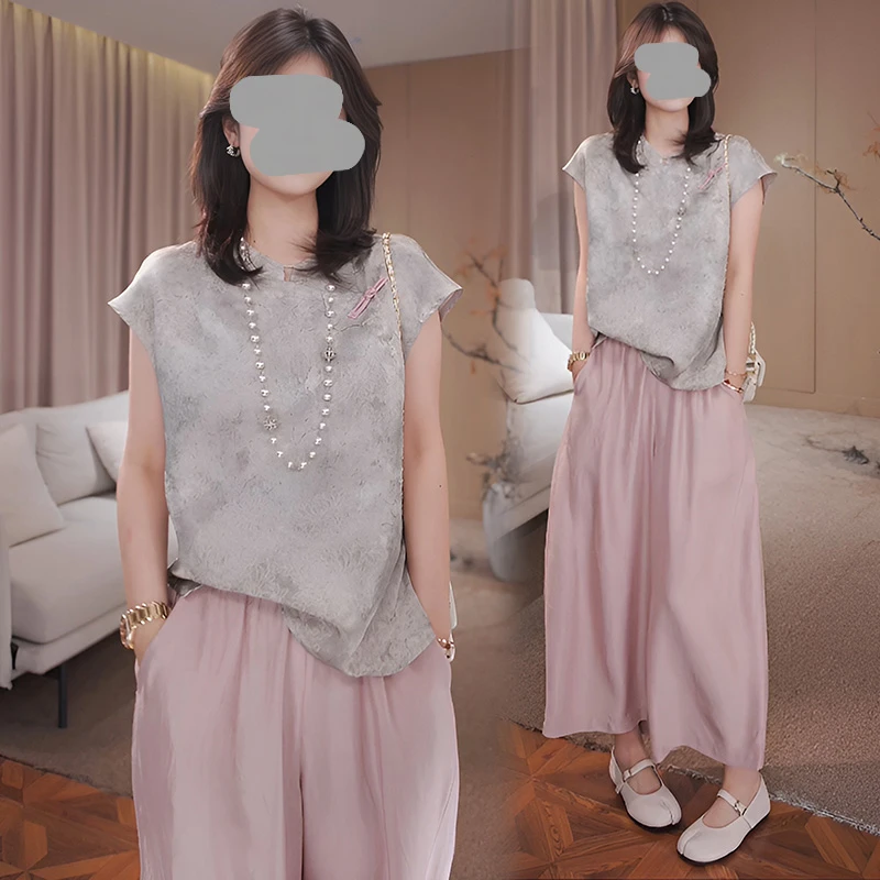 清凉通勤休闲无袖上衣长裤高级感两件套小众新中式国风套装女夏季